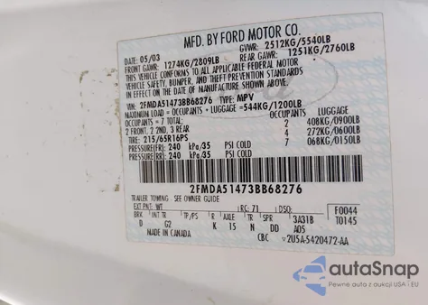 2003 Ford Windstar Lx z USA, uszkodzony, nr VIN 2FMDA51473BB68276